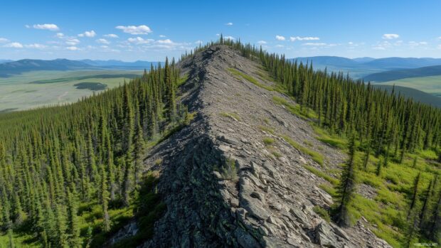 A rugged Rocky Mountain peak under a clear blue sky, surrounded by dense evergreen forests.