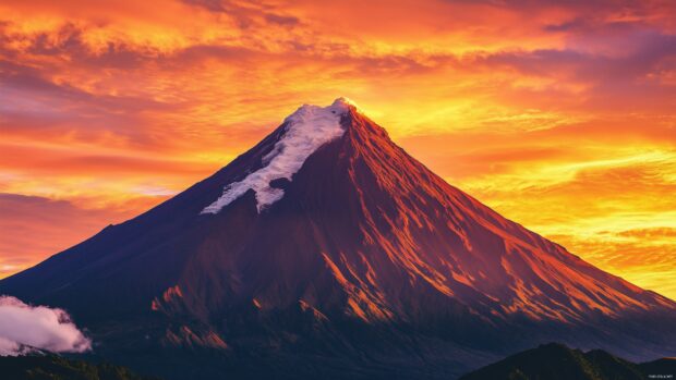 A rugged mountain peak surrounded by fiery red and orange hues of a sunset.