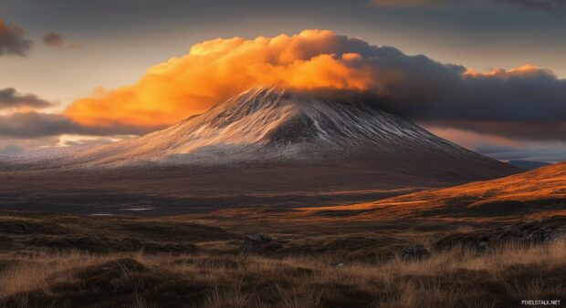 A rugged snowy peak surrounded by golden clouds during a fiery sunset.