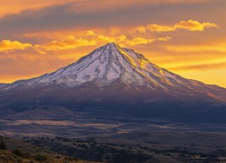 A rugged snowy peak surrounded by golden clouds during a fiery sunset.