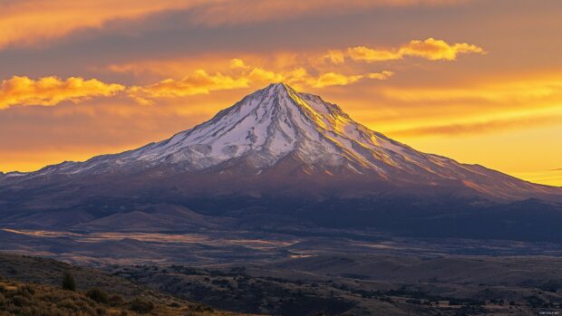 A rugged snowy peak surrounded by golden clouds during a fiery sunset.