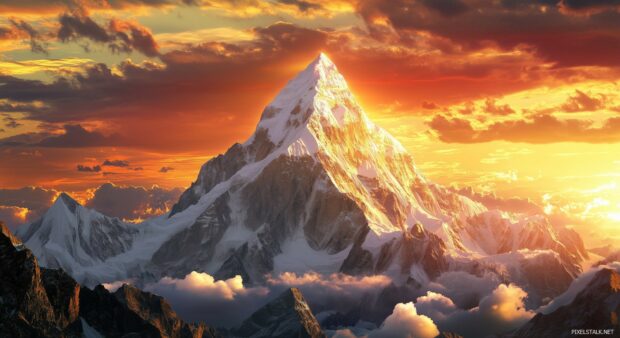 A rugged snowy peak surrounded by golden clouds during a fiery sunset, cool wallpaper.