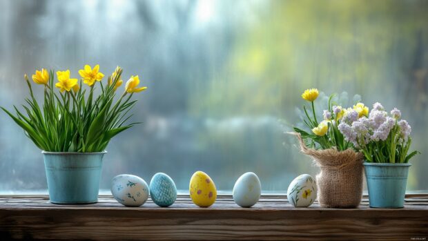 A rustic Easter arrangement with painted eggs, burlap, and spring flowers on a wooden surface, cozy atmosphere.