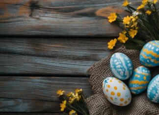 A rustic Easter arrangement with painted eggs, burlap, and spring flowers on a wooden surface, cozy atmosphere.