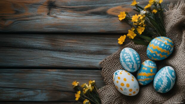 A rustic Easter arrangement with painted eggs, burlap, and spring flowers on a wooden surface, cozy atmosphere.