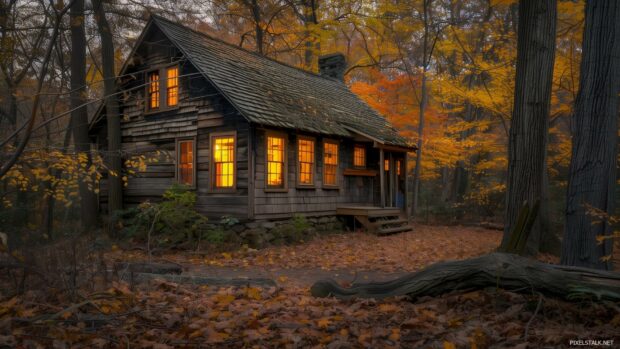 A rustic cabin in the woods with a warm, inviting glow from the windows, Laptop Desktop Wallpaper.