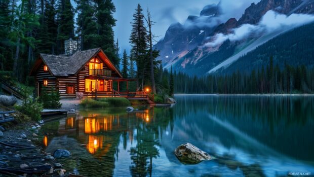 A rustic cabin nestled among towering pine trees beside a tranquil lake reflecting the evening sky.