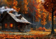 A rustic cabin surrounded by autumn trees, smoke rising.