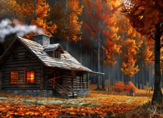 A rustic cabin surrounded by autumn trees, smoke rising.