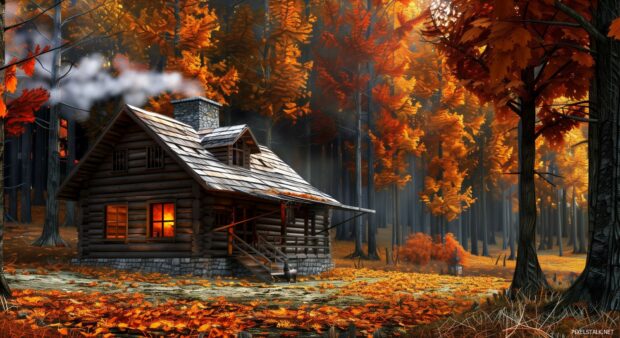 A rustic cabin surrounded by autumn trees, smoke rising.