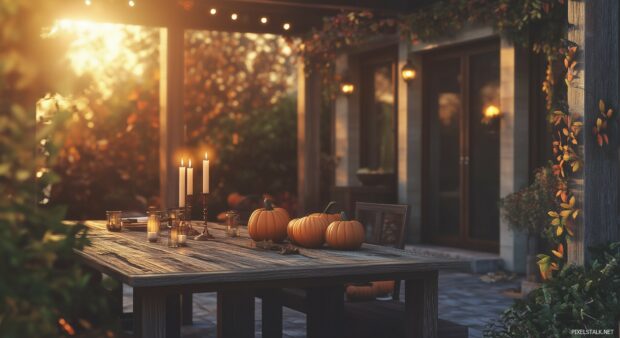 A rustic, yet sleek depiction of a Thanksgiving table with modern touches, featuring simple decor like a few pumpkins and candles, in a clean layout.