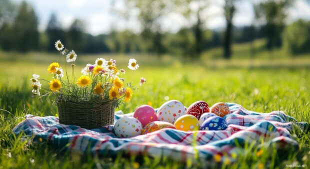 A scenic Easter picnic with decorated eggs, flower arrangements, and a cozy blanket in a sunny field.