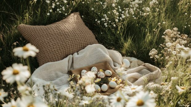 A scenic Easter picnic with decorated eggs, flower arrangements, and a cozy blanket in a sunny field.