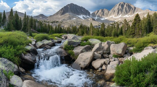 A scenic Rocky Mountain waterfall cascading down rugged cliffs.