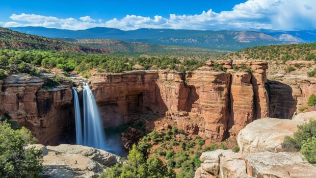 A scenic Rocky Mountain waterfall wallpaper.