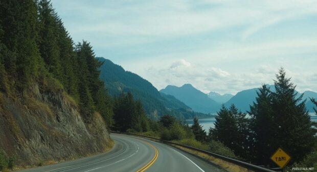 A scenic mountain road winding through dense pine forests with towering cliffs above.