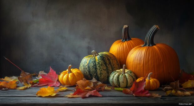 A scenic view of a bountiful harvest with pumpkins, gourds, and colorful fall leaves scattered across a rustic wooden table.