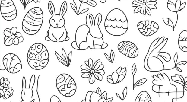 A seamless Easter themed tile design with simple outlines of bunnies, eggs, and spring flowers in a clean and modern vector art style.