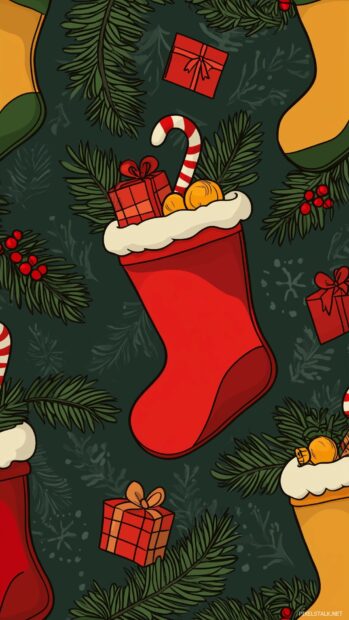 A seamless tile of Christmas stockings, each filled with candy canes and gifts, alternating with pine branches and berries, Preppy Christmas Wallpaper.