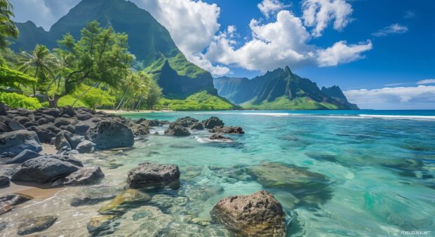 A secluded Hawaii beach cove 1080p HD Nature Image with clear blue waters and a backdrop of lush, green mountains.