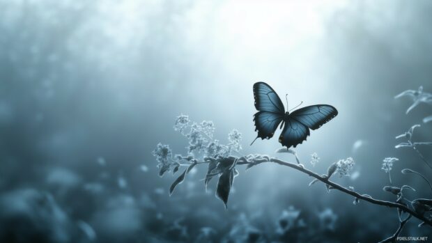 A serene 1080p Background of a butterfly perched on a delicate branch with morning mist in the background.