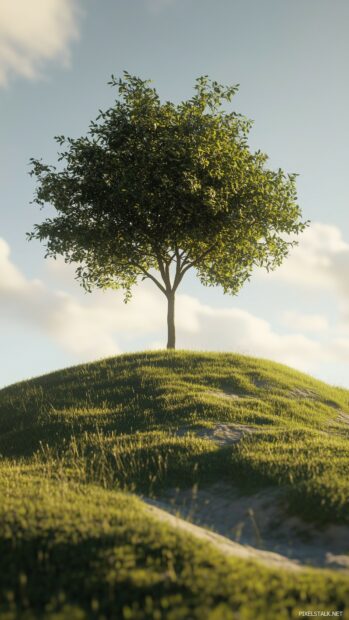 A serene 3D rendering of a single tree on a smooth hilltop,.