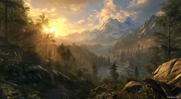 A serene Mountain forest scene, with sunlight casting golden beams over the peaks as the sun sets behind them.