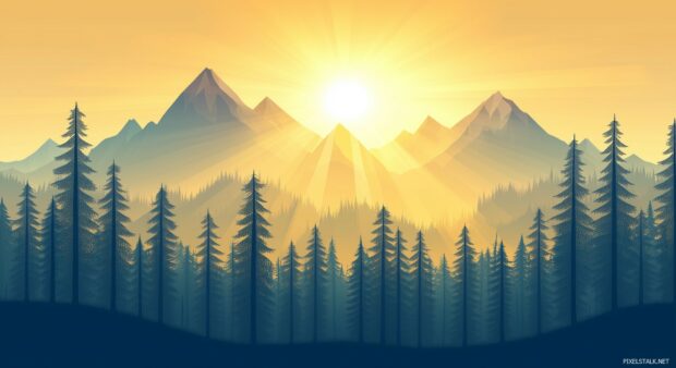 A serene Mountain forest wallpaper with sunlight casting golden beams over the peaks as the sun sets behind them.