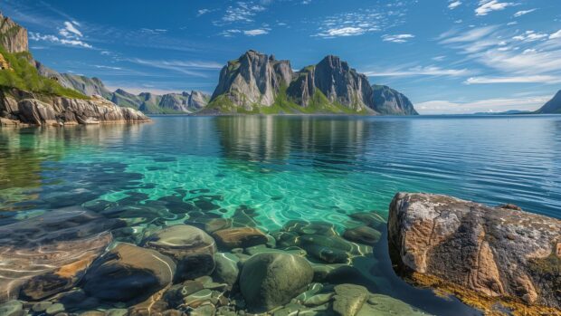 A serene Scandinavian fjord desktop wallpaper 4K with crystal clear water and towering cliffs.