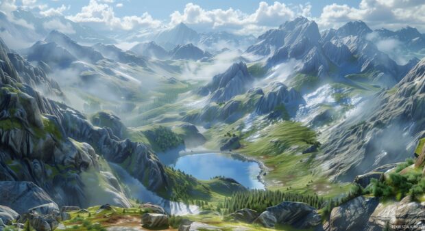 A serene and cool 3D mountain landscape Laptop image with misty peaks and tranquil lakes.