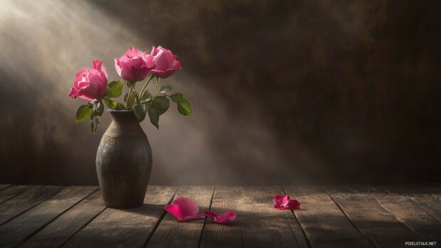 A serene arrangement of pink roses in a vintage vase, set on a rustic wooden table.