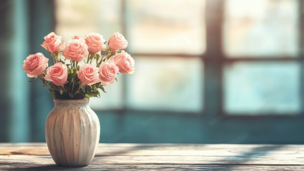 A serene arrangement of pink roses in a vintage vase, set on a rustic wooden table, with soft, diffused light.