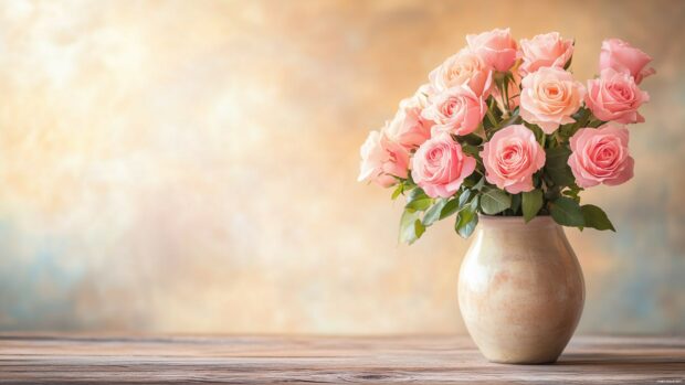 A serene arrangement of pink roses in a vintage vase, set on a rustic wooden table, with soft, diffused light enhancing the warm tones and textures.