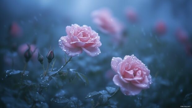 A serene blue rose garden at dawn, with dew drops glistening on the petals under soft morning light.