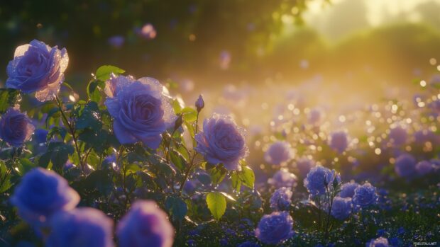 A serene blue rose garden at dawn, with dew drops glistening on the petals under soft morning light.