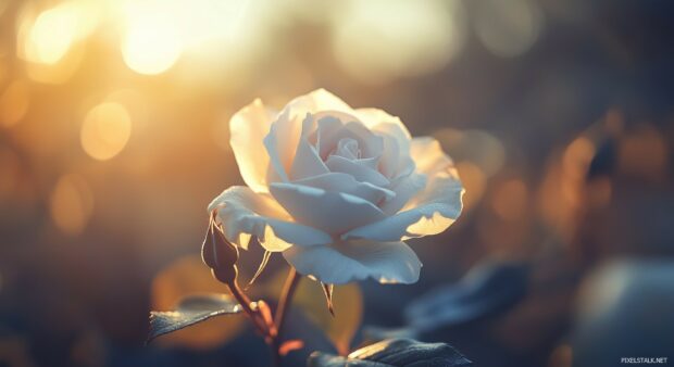 A serene close up of a white rose with delicate petals.