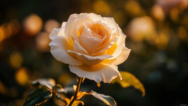 A serene close up of a white rose with delicate petals, illuminated by soft morning light.