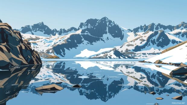 A serene cool toned mountain lake 1080p PC background reflecting snow capped peaks.