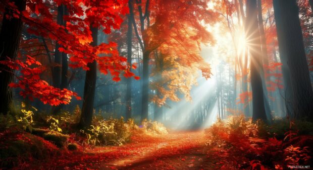 A serene forest path 1080p Full HD Image with vibrant autumn leaves, sunlight filtering through the trees.