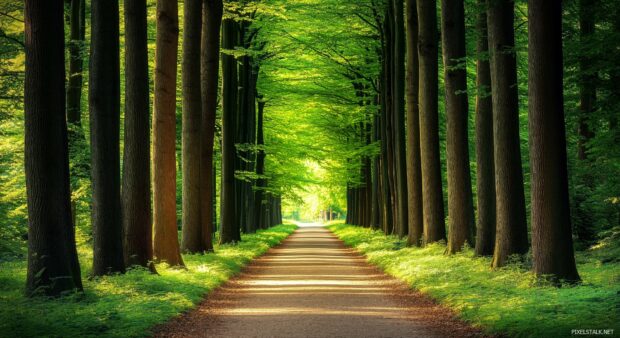 A serene forest path lined with tall, green trees and lush undergrowth, leading into a tranquil, shaded grove.