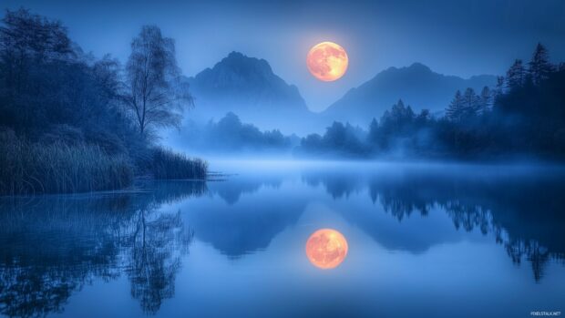 A serene landscape with a glowing full moon rising over a tranquil lake, surrounded by misty mountains and reflected in the water.