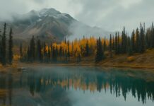 A serene mountain background HD with a crystal clear lake in the foreground and autumn colored trees.