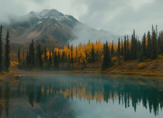 A serene mountain background HD with a crystal clear lake in the foreground and autumn colored trees.