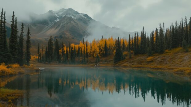 A serene mountain background HD with a crystal clear lake in the foreground and autumn colored trees.