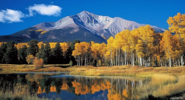 A serene mountain landscape with a crystal clear lake in the foreground and autumn colored trees.