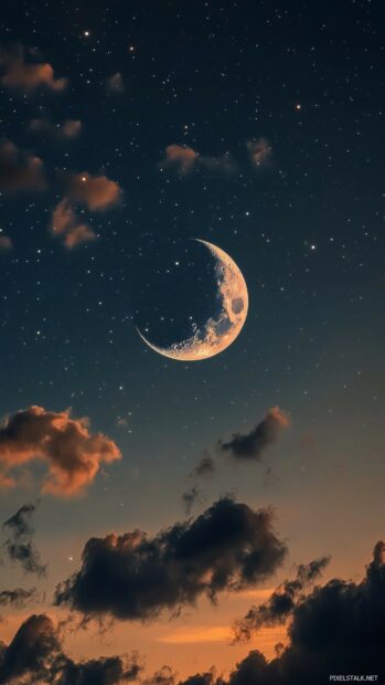 A serene night sky featuring a polished crescent moon and a scattering of elegant stars, wallpaper for mobile.