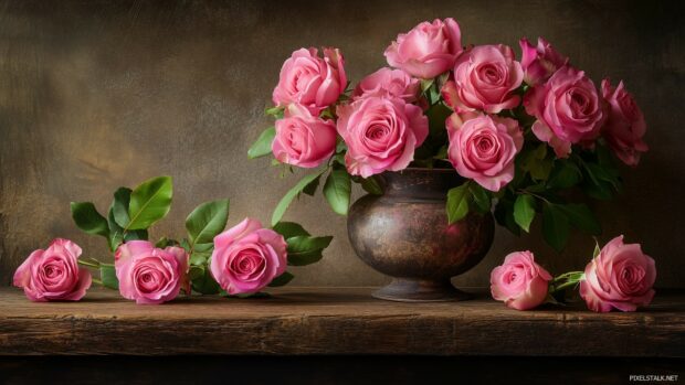 A serene pink roses in a vintage vase, set on a rustic wooden table.