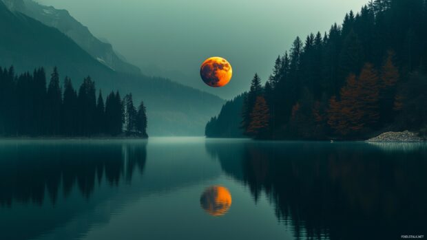 A serene red moon over a calm, reflective lake, surrounded by misty forests.