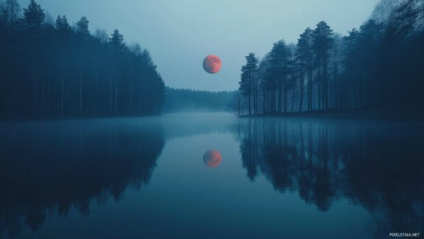 A serene red moon over a calm, reflective lake, surrounded by misty forests.