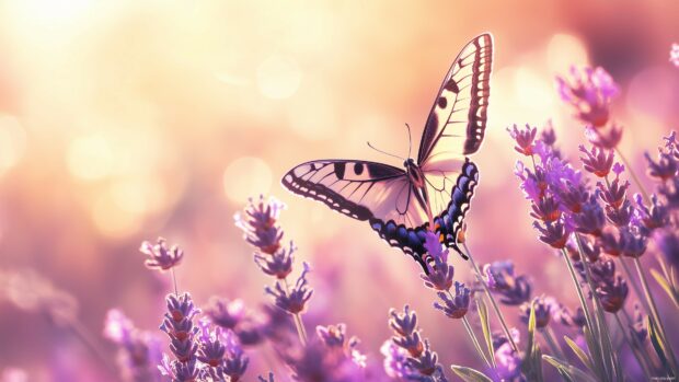 A serene scene of a butterfly perched on a lavender stalk, surrounded by a soft blur of lavender fields.